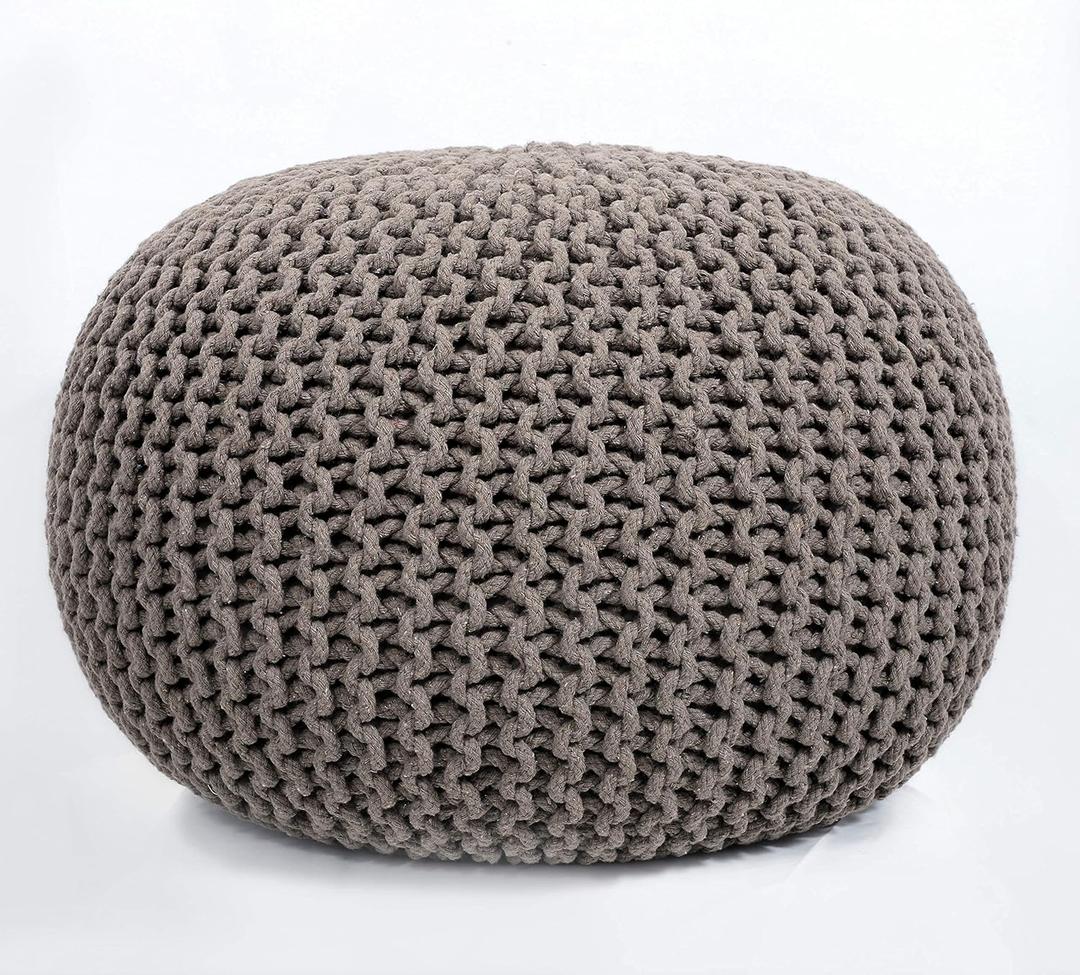 FRELISH DECOR Round Pouf Ottoman Hand Knitted 100% Cotton Pouf - Foot Stool - Knitted Bean Bag - Floor Chair for Living Room Bedroom - Foot Rest for Couch (20 Diameter x 14 Height) - Beige