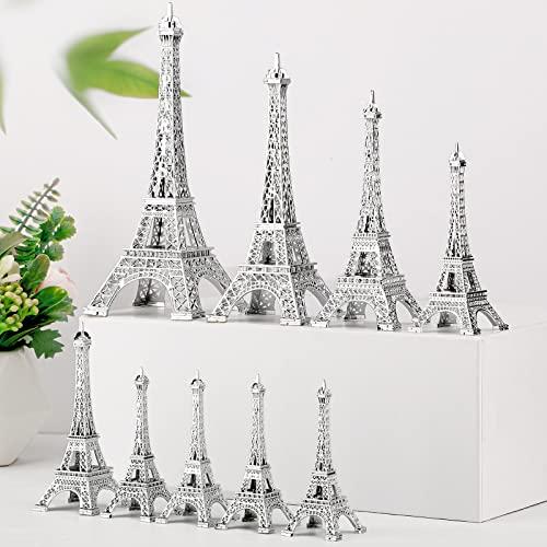 Hotop 8 Pcs Eiffel Tower Statue Decor Alloy Metal Paris Py Decoration 5 Size French Table Stand Holder Gift for Cake Topper Collectible Figurine Replica Home (Silver)