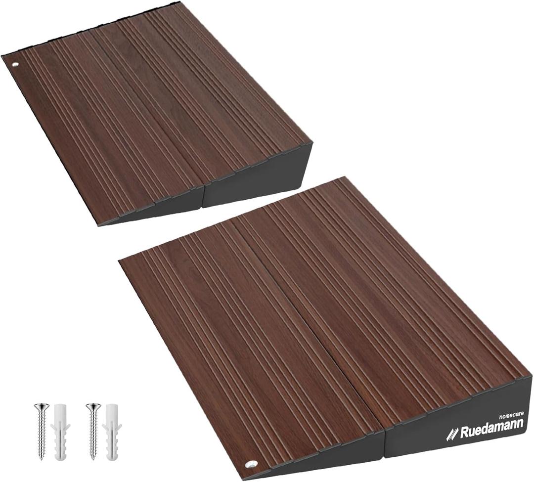 Ruedamann 2" Rise Modular Threshold Ramp for Doorways, 2200 lbs Capacity, Elegant Dark Wood Grain Door Threshold Ramp, Aluminum Non-Slip Door Ramps for Wheelchair, Walker, Scooter, Pets, 2 Pcs
