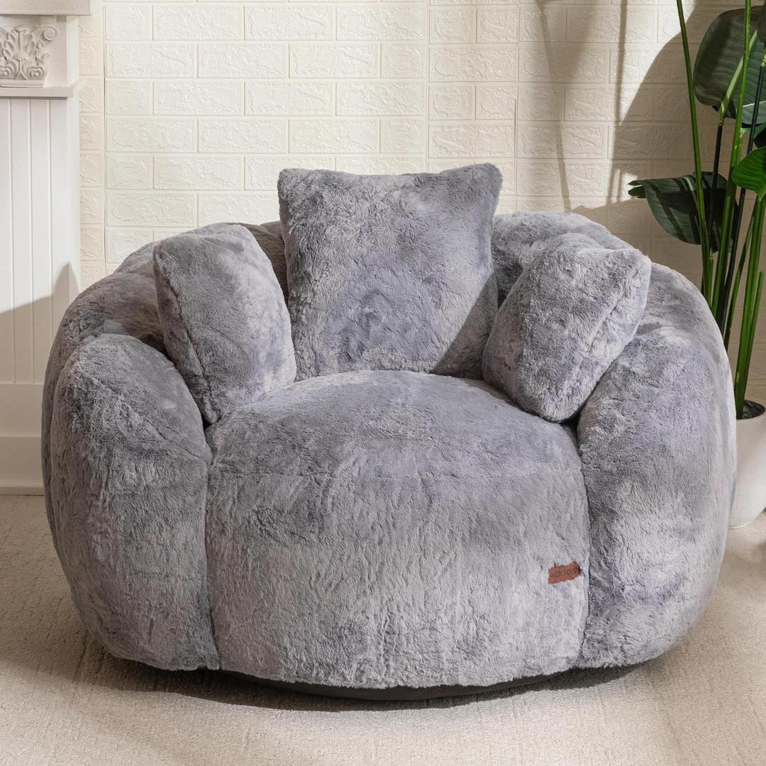 MAXYOYO Bean Bag Chair with 3 Pillows, Oversized Floral Shaped Bean Bag Sofa for Adults, Ultra Soft Faux Fur Floor Sofa, Large Stuffed Reading Chair for Living Room Bedroom, Grey
