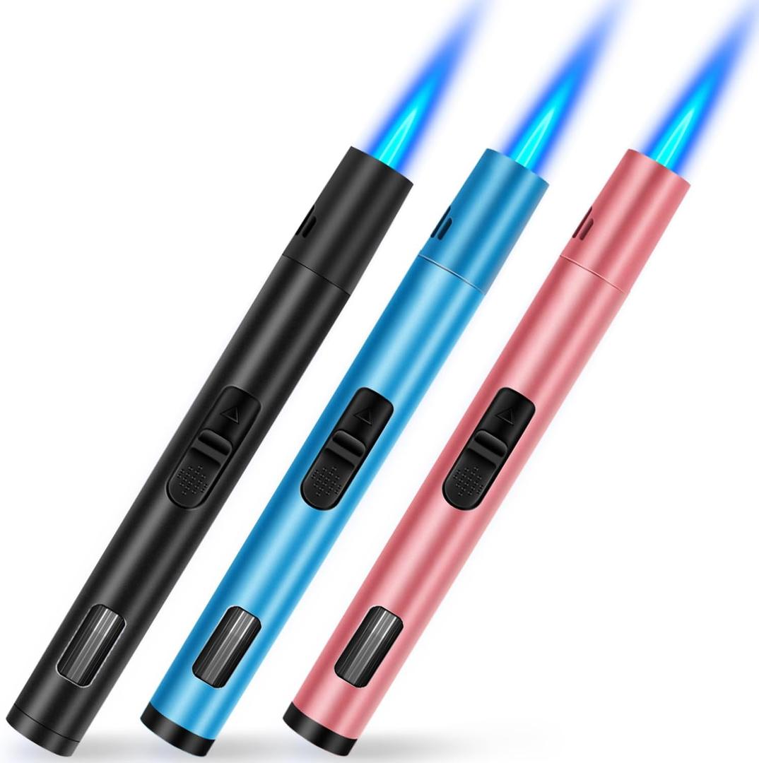 LcFun Torch Lighters 3 Pack Refillable Butane Lighter with Visible Fuel Window, Windproof Adjustable Jet Flame Long Lighters for Candle, Grill, BBQ, Camping, Fireworks (Butane NOT Included) (Black & Blue & Rose Gold)