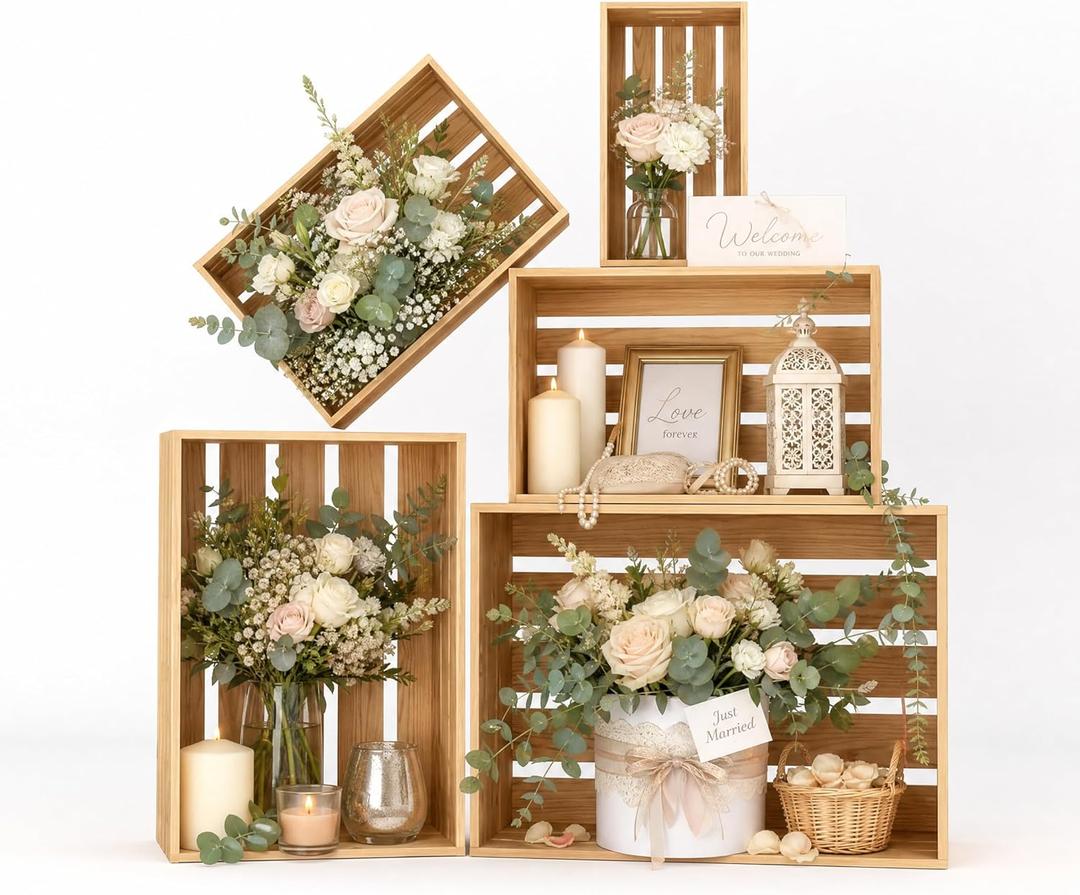 BOY MCOWBOY Wooden Crates for Display 5 Pack Wood Storage Crate for Home Rustic Nested Crates with Handles, Farmhouse Wooden Basket for Storage Container and Decorations