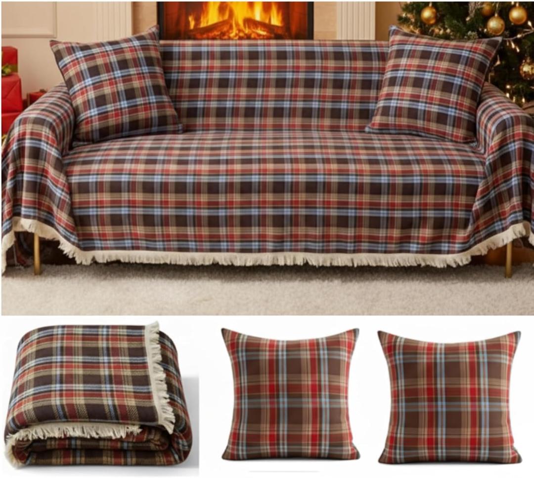Oudain Christmas Couch Cover Sets with 2 Pillowcase 71"x 134" Buffalo Plaid Blue and Red Sofa Covers Farmhouse Couch Slipcover 3 Seat for Christmas Decorations Room Furniture Protector