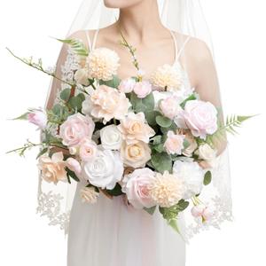 Ling's moment Blush Pink Bridal Bouquet Cascading, Coral Wedding Bouquets for Bride, 15 Inch Free Form Artificial Wedding Flower Bouquet
