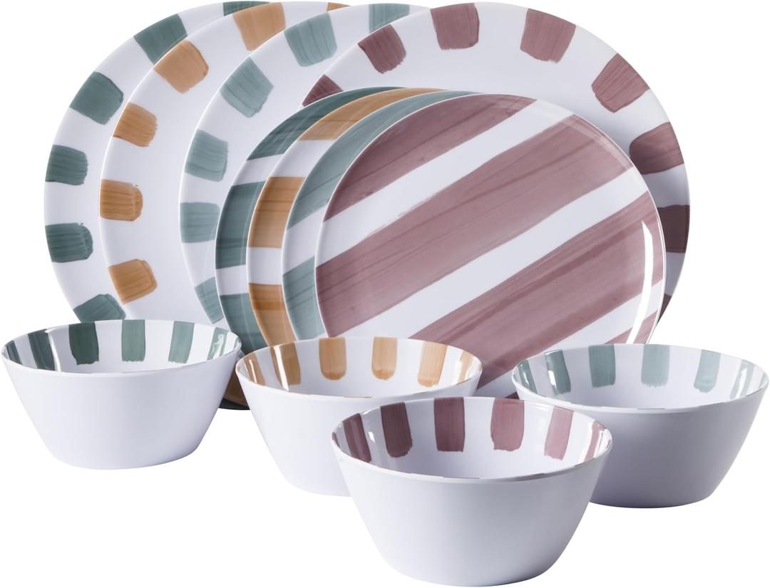 Gibson Home Cottage Stripes 12-Piece Melamine Plates and Bowls Dinnerware Set - Outdoor, Camping, & Everyday Use - Assorted Colors (Service for Four (12pcs))