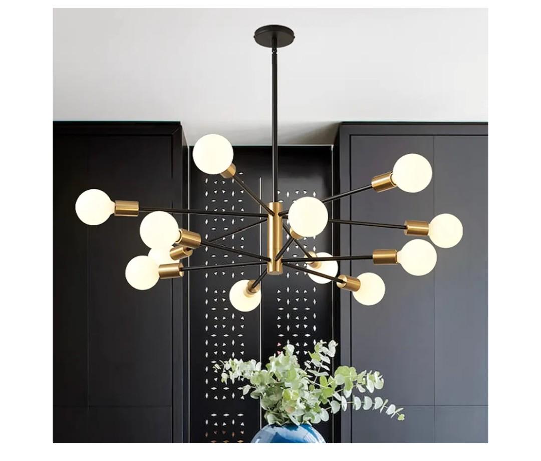 RUIYEY Modern Chandelier Ceiling Light Fixture Sputnik Chandeliers Gold and Black Farmhouse Chandelier Over Table 12Light Height Adjustable Chandeliers for Dining Room, Living Room,Kitchen Island