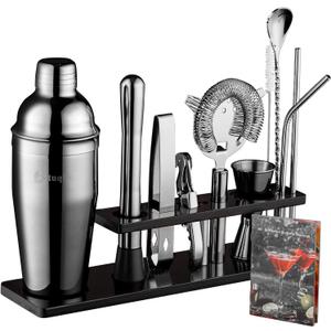 Bartender Kit with Stand, 11 Piece Set, Cocktail Shaker Set 24 oz Shaker Bar Tool Set for Beginner with Recipe (BLACK)
