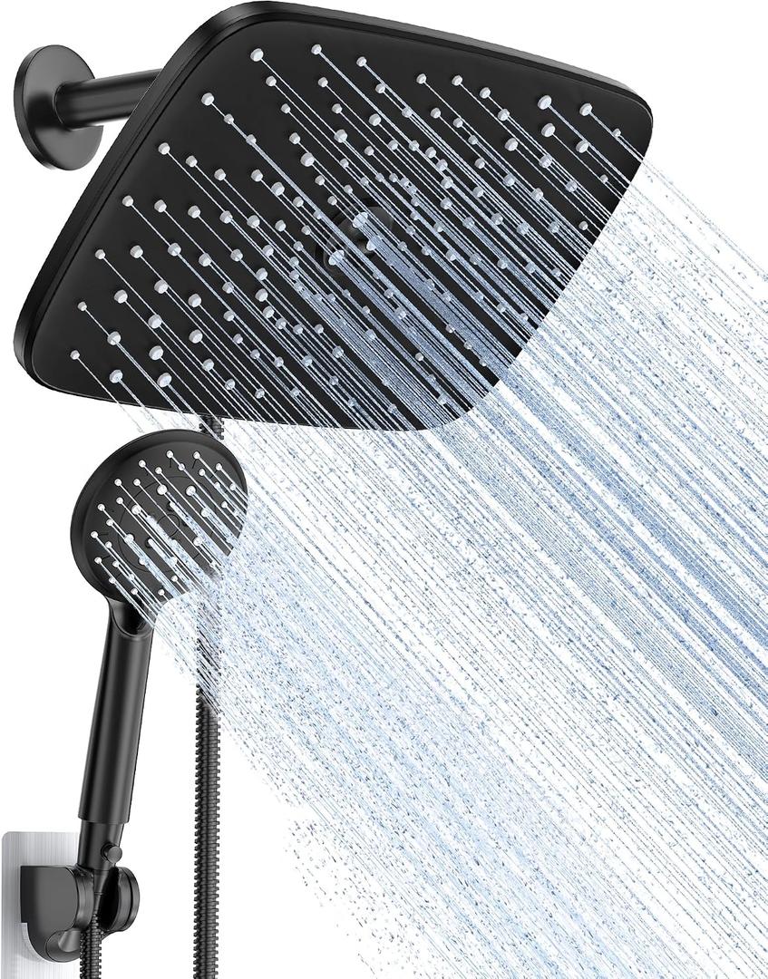 Veken 11.8 Inch Rectangle Rain Shower Head - Shower Heads with 6 Modes Handheld Spray Combo - Wide Rainfall shower with 70" Hose - 1.8gpm Dual Showerhead with Anti-Clog Nozzles - Matte Black