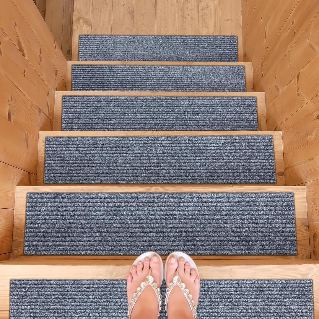 Ottomanson Non-Slip Rubberback Solid 8" x 30" Indoor/Outdoor Stair Treads for Stairs, Garage, Patio, 7 Pack, Gray (8" x 2'6" (Rectangular), Grey)