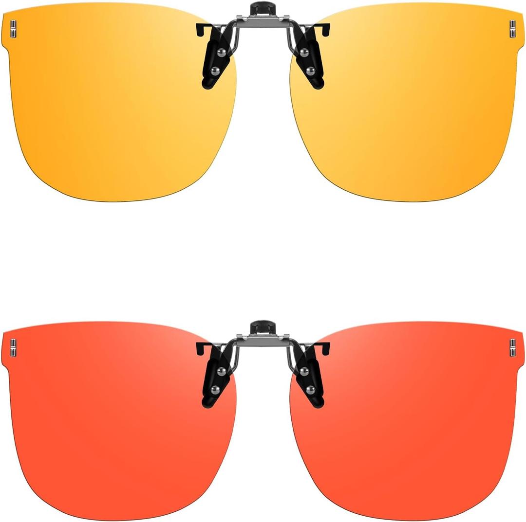 2 Pack Clip On Blue Light Blocking Glasses for Men Women, Fit Over Glasses for Computer Use, TV (A01-yellow Orange-flip)