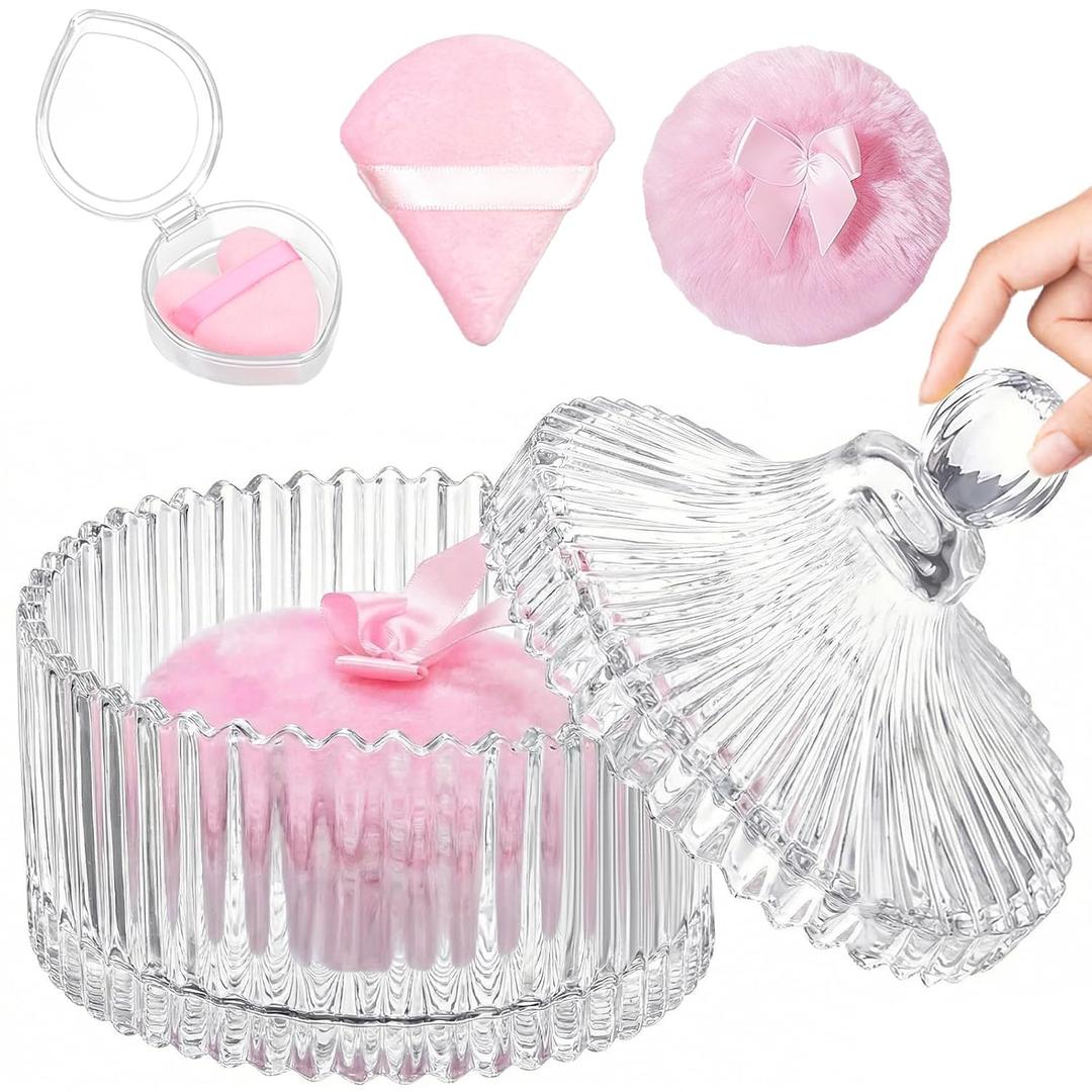 5 Pcs 6 Inch Extra Large Powder Puff and Container Set, Glass Dusting Powder Container with 3 Soft Washable Reusable Velvet Puffs for Loose Powder, Body Powder and Setting Powder Wet and Dry Makeup