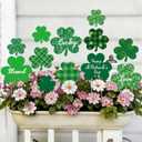 12 Pcs St. Patrick's Day Planter Stakes Shamrock Shaped Garden Signs Outdoor Decorations Decorative Green Plaid Lucky Clover Yard Stakes for St. Patrick's Day Irish Home Lawn Patio Porch