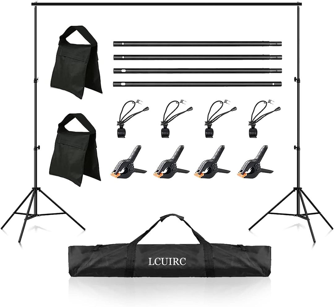 Photo Backdrop Stand, 6.5x10ft Background Stand Kit with 4 Crossbars, 4 Spring Clamps, 4 Backdrop Clips, 2 Sandbags, and Carrying Bag for Parties Decoration