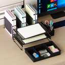 LEKETREE Desk Organizer, Office Organization with Vertical File Holder, File Organizer with Drawer and Pen Holder, Desk Accessories and Workspace Organizers for Home Office (Black)