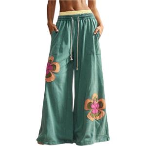 Women's Y2K Floral Boho Baggy Pants Wide Leg Sweatpants Low Rise Pant Elastic Waist Trousers with Pocket (Medium, Green)
