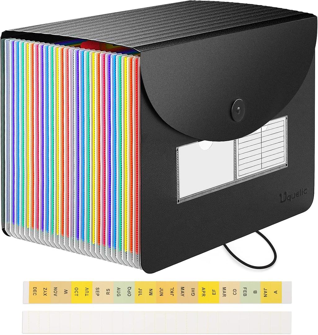 Uquelic Large Accordion File Organizer, Legal Size File Folder with 24 Pockets, Plastic Expanding File Organizer, Color Index& Elastic Strap for Legal/Letter/A4 Size Papers(Black)