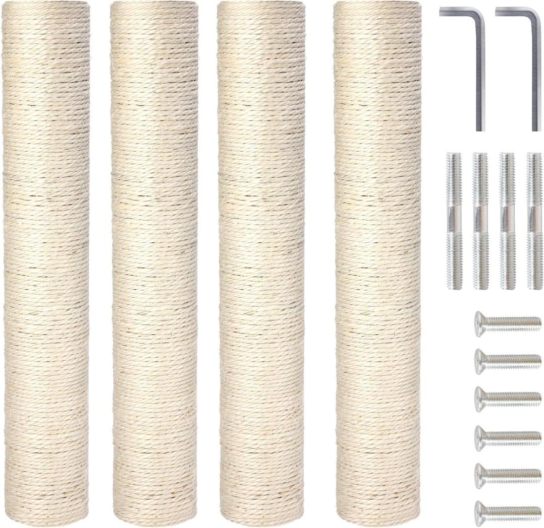 PowerKing 4-Pack 15.7" Cat Scratching Post Replacement - Natural Sisal Rope Scratcher Poles with M8 Screws for Indoor Cat Tower Renewal Parts, Cat Furniture Refill Parts (White)