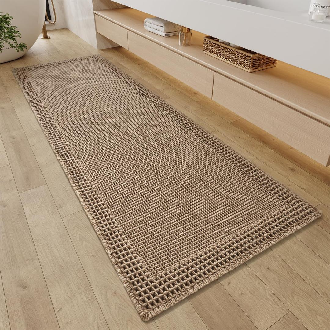 RESARE Waffle Bathroom Runner Rugs, Super Absorbent Bath Mat Non Slip Washable Quick Dry, Upgraded Ultra Soft Boho Bath Rugs with Tassels for Hallway Bedroom Laundry Room, 2'x6' (24"x72"), Brown