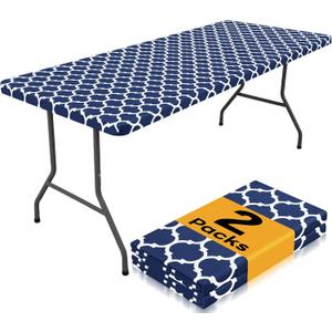 Smiry 2 Pack Rectangle Table Cloth 6 Foot, Waterproof Elastic Fitted Tablecloths, Windproof Washable Polyester Table Cover for Picnic, Camping, Outdoor& Patriotic Decor (Navy, 30"x72")