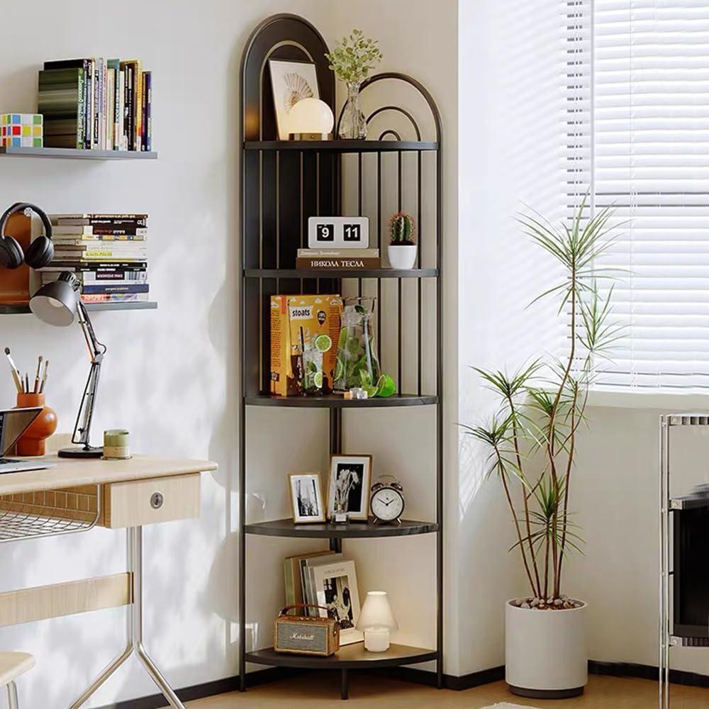 Black 5 Tier Metal Corner Shelf,Tall Industrial Corner Shelving Unit,Freestanding Corner Storage Rack for Small Spaces,Narrow Corner Bookshelf for Living Room,Bedroom,Bathroom, Large