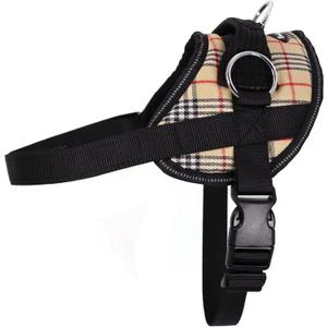 Bark Appeal Tan Plaid No-Pull Dog Harness for Small to Medium Sized Pets  Adjustable, Reflective Vest with 3 Leash Clips for Added Control, Easy Walks & Training  Medium