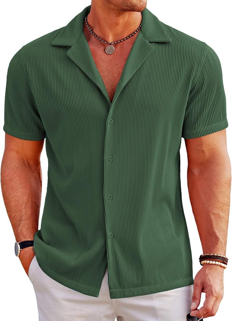 COOFANDY Men's Casual Button Down Shirts Short Sleeve Regular Fit Fashion Camp Beach Shirts Tops (Dark Green), Medium