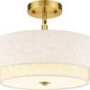 AUTELO 18" Semi Flush Mount Ceiling Light, 3-Light Farmhouse Ceiling Light in Brushed Gold Finish with Drum Fabric Shade, Gold Light Fixtures Ceiling Mount for Hallway Bedroom Kitchen, C2506 BG-18