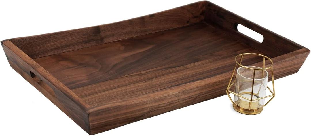 22 x 14 Inches Large Rectangle Curved Black Walnut Wood Ottoman Tray with Handles, Serve Tea, Coffee, Classic Wooden Decorative Serving Tray
