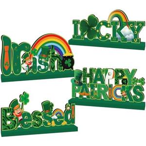 4pcs St Patricks Day Decorations Wooden Table Signs,Happy Saint Patricks Day Table Decorations Green Irish Lucky Shamrock, Leprechaun St. Patricks Day Decorations for Holiday Party