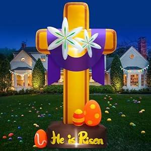 MICOCAH 8FT Easter Inflatables Outdoor Decorations He is Risen Inflatable Cross with Lilies and Easter Eggs Blow Up with LED Lights for Indoor Yard Garden Lawn Party Holiday Christian