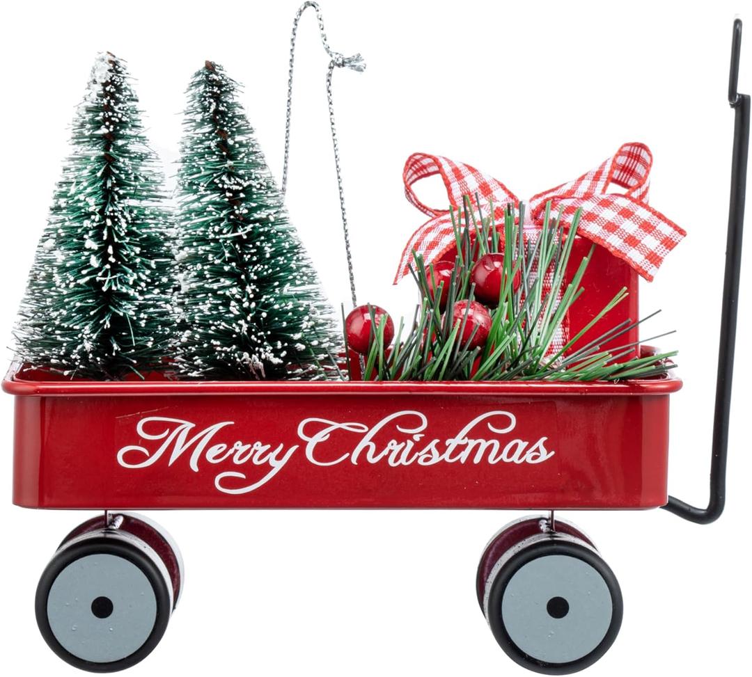 DEMDACO Here Comes Santa Claus Merry Christmas Red, Green 4 x 4 Inch Metal Handmade, Festive Holiday Dcor, Sisal Brush Tree, Decoration Christmas Tree Hanging Ornament, Red Wagon