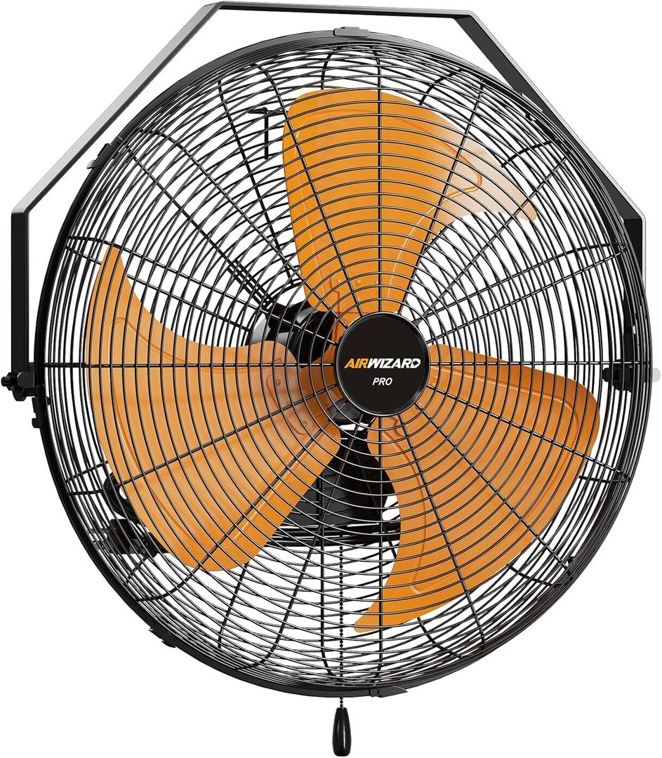 AIRWIZARD Pro Serie 18 Inch Industrial Wall Mount Fan, 5200 CFM High Velocity Metal Wall Fan, 3 Speed, Adjustable Tilt, Commercial Use for Garage, Gym, Patio, Workshop, Basement, Greenhouse, UL Listed