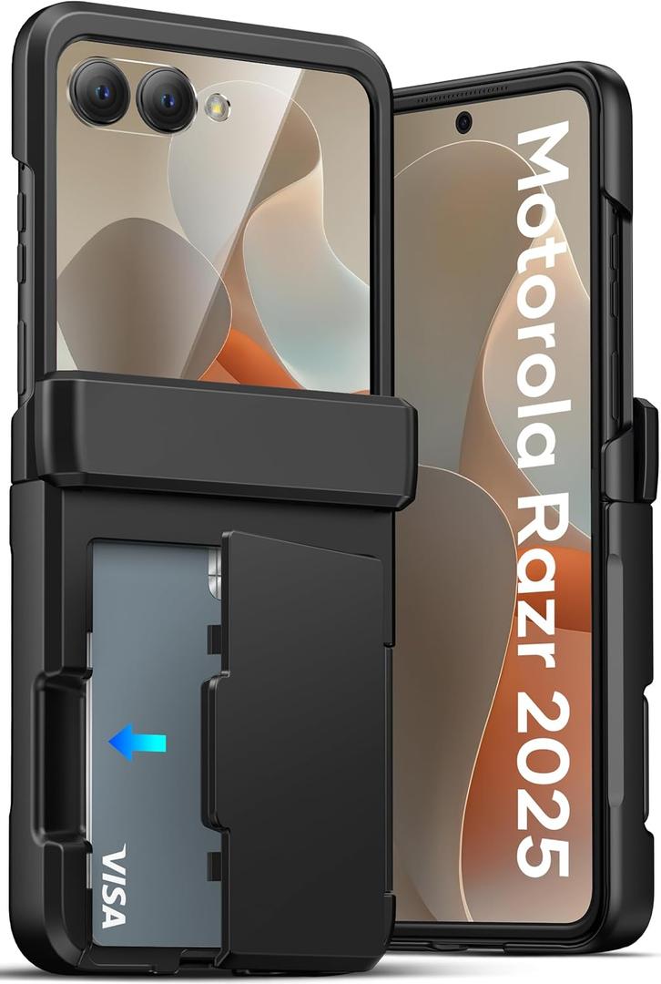 ATATOO for Motorola Razr 2025 Case Wallet, Built-in Card Holder (3 Cards) & Hinge Protection & HD Screen Protector, Military Grade Protection, Rugged Protective Phone Case for Moto Razr 2025, Black