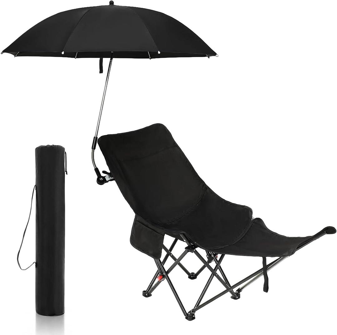Lineshading 2 Pcs Reclining Beach Camping Chair and Adjustable Umbrella Sets, 2 in 1 Portable Folding Lightweight Lounge Chair with Foot Rest and Storage Bag for Outdoor Summer Beach Patio, 31.9"x59"
