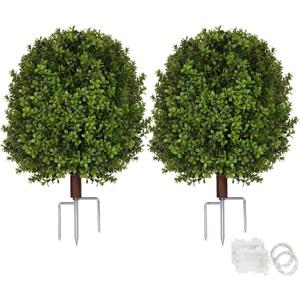Artificial Boxwood Topiary Trees for Outdoors, 2 Pack Faux Topiary Ball Tree UV Resistant Fake Shrubs Evergreen Bush Plants for Front Porch Garden Yard Balcony Wedding Decor, 2 Led String Light