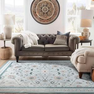 EverGrace Area Rugs for Living Room 8x10, Boho Floral Faux Wool Indoor Outdoor Rugs, Washable Rugs for Bedroom Dining Room Entryway Kitchen, Low Pile Floor Mat Carpet for Home Decor, Pale Blue