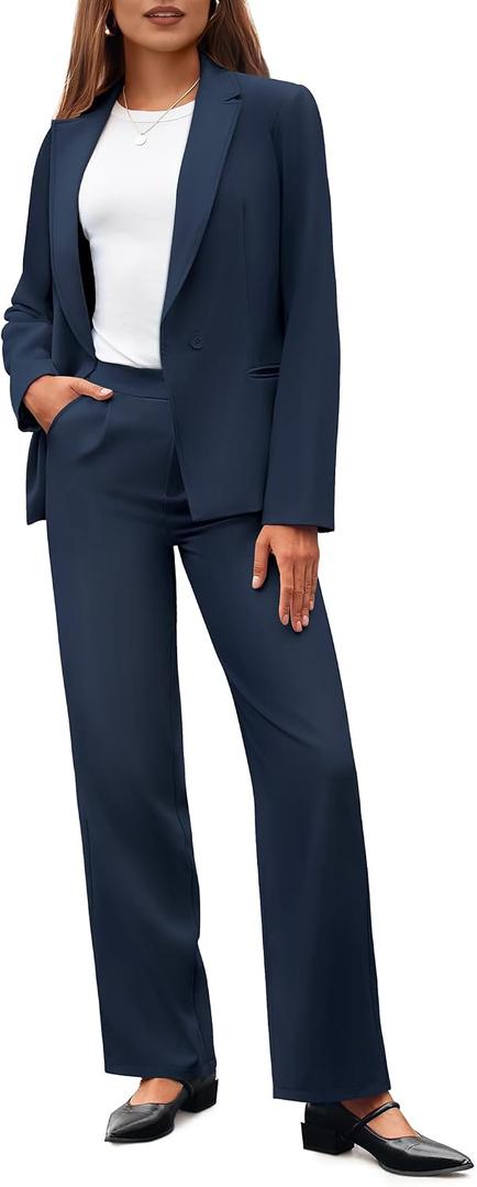 Casly Lamiit Women's 2 Piece Business Casual Outfits Blazer Wide Leg Pants Matching Dressy Formal Suit Sets L Navy Blue