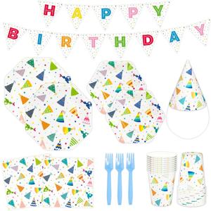 DYLIVeS happy birthday decoration,Kids'party Hats off Decorations, 145 Pcs Hats off 9" Plates, 7 Dessert Plates,Napkins, Cups, Party Cone Hats, Forks, Happy Birthday Banner Party Supplies, Serve 24