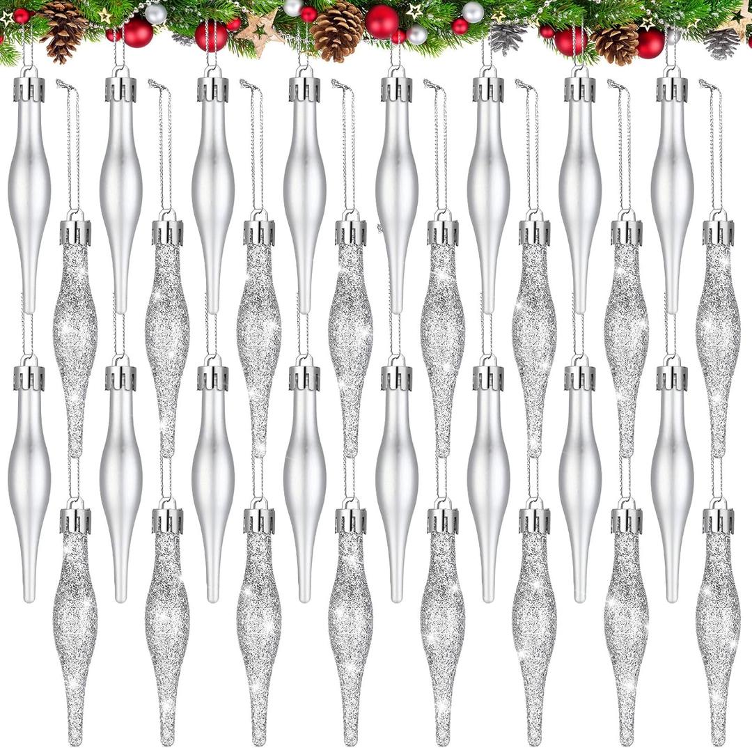 Halloscume 32 Pcs 3.54 Inches Sliver Finial Drop Christmas Ornaments Vintage Christmas Ornaments Matte Glitter Xmas Hanging Decor for Tree Decoration Holiday Decor