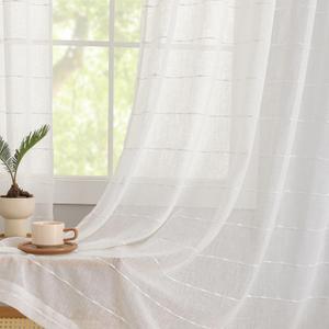YJ YANJUN Off White Sheer Curtains 108 inches Long Stripe Pattern Linen Textured High Ceiling to Floor Curtains for Patio Door Bohemian 9 FT Drapes for Living Room 2 Panels Set 52" W x 108" Off White