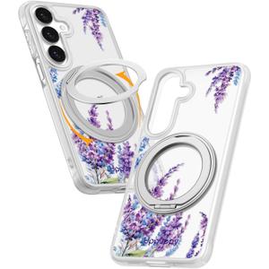 Uppuppy for Samsung Galaxy A16 4G/5G Case- Compatible with MagSafe for Women Girls Bulit-in 360 Rotatable Magnetic Ring Holder Kickstand Cute Aesthetic Purple Floral Design for Samsung A16 (Lavender)