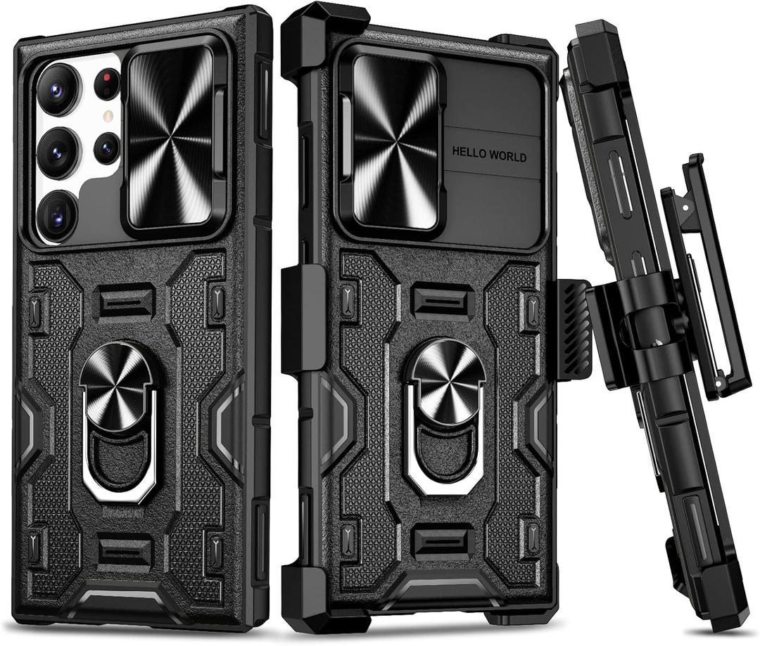 VEGO for Galaxy S23 Ultra Case with Kickstand, Slide Camera Cover & Rugged Belt Clip Holster Full-Body Drop Tested Protective Case for Samsung Galaxy S23 Ultra 6.8 Inch - Black