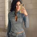 Denim Outfits for Women 2 Piece Casual Long Sleeve Zip Up Cropped Jacket Skinny Jean Shorts Set with Belt (Black, L)