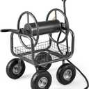 Goplus Garden Hose Reel Cart, 300 FT of 5/8" Large Capacity, Heavy-Duty Metal Hose Cart w/ 4 Wheels, Storage Basket, Portable Water Hose Organizer for Outside Yard, Outdoor Planting Tool (Black)