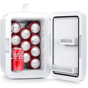 Compact Mini Fridge, 15 Can Portable Small Refrigerator with AC/DC Adapters, 10 Liter / 2.6 Gal Small Cosmetics Cooler for Beverage, Food, Skincare, Bedroom, Dorm, Office and Car, White