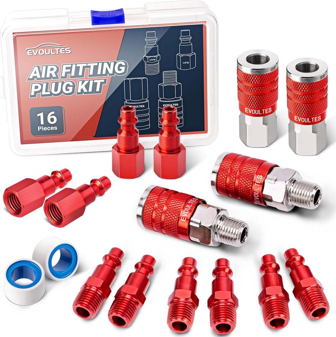 EVOULTES 16 Pieces Universal 1/ 4" NPT Air Hose Fittings & Air Coupler Kit, Lightweight Aluminium Air Fittings Kit with Quick Connect Air Plug, Pneumatic Air Tool Fitting for Air Compressor Accessories