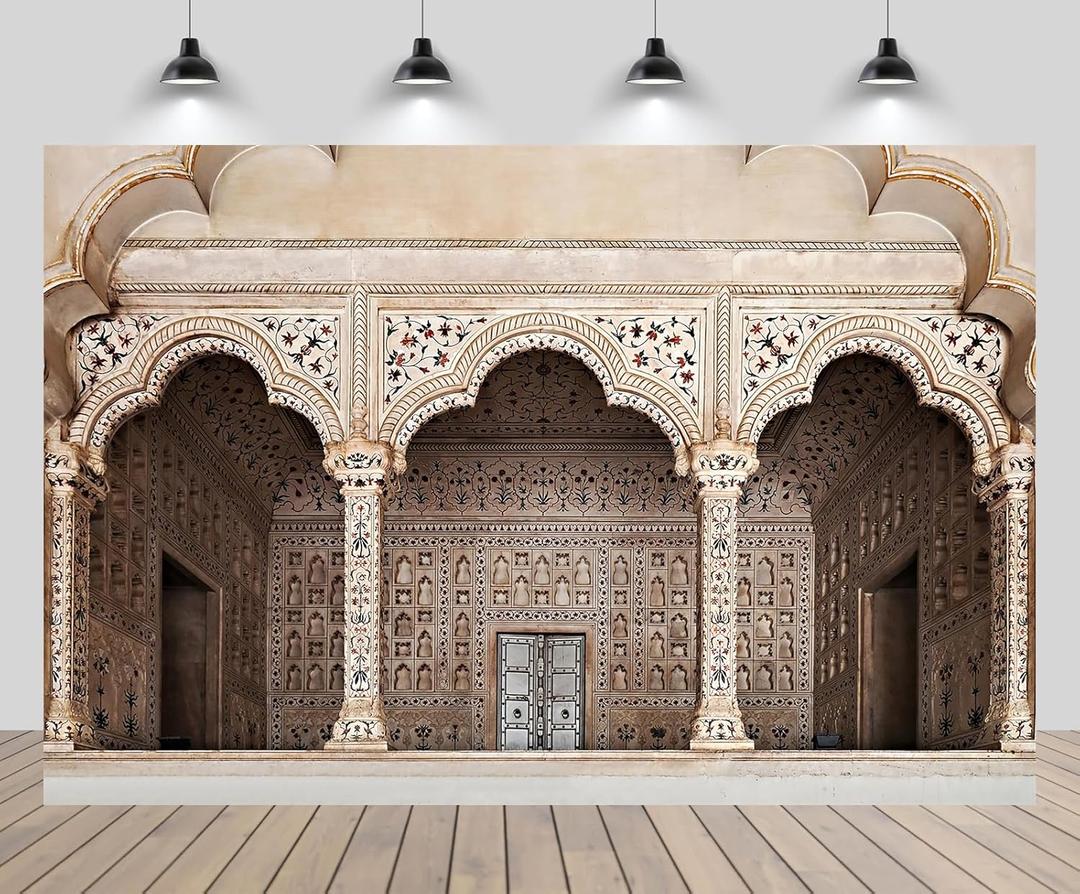 7ftx5ft Agra Red Fort Photo Backdrop Asia India Arch Doors Carved Architecture Background for Asian Indian Theme Travel Party Decor Religious Photoshoot Props Fabrics Wallpaper