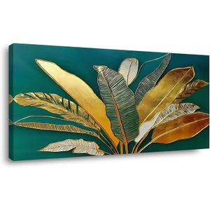 Green Leaf Wall Art, Green and Gold Leaves Wall Painting, Emerald Green Tropical Botanical Décor Canvas Prints, Abstract Sage Boho Painting for Office Home Décor, Ready to Hang 46L" x 23W"