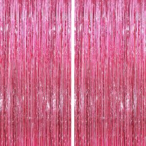 Glitter Pink Party Streamers 2Pack Glitter Foil Fringe Curtain 3.3 x 8.3ft Pink Party Decor Photo Booth Streamers Metallic Tinsel Door Streamer for XmasThanksgiving Engagement Party Decors Streamers