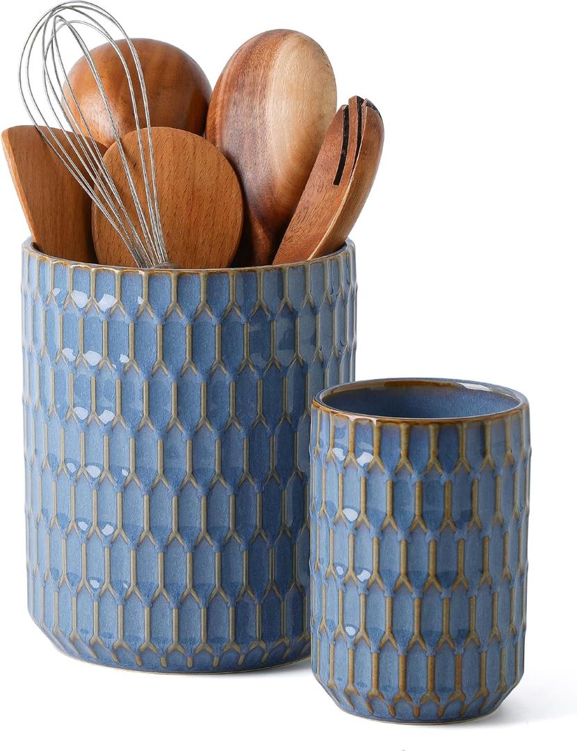 Utensil Holder, 7.5"+5.3" Ceramic Kitchen Utensil Holder for Countertop, Large Cooking Utensil Crock for Kitchen Counter, Set of 2, Blue